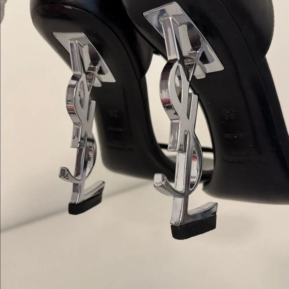 Saint Laurent Opyum YSL Logo Black Leather Silver High Heel Sandal EU 38 US 8 - Picture 6 of 10